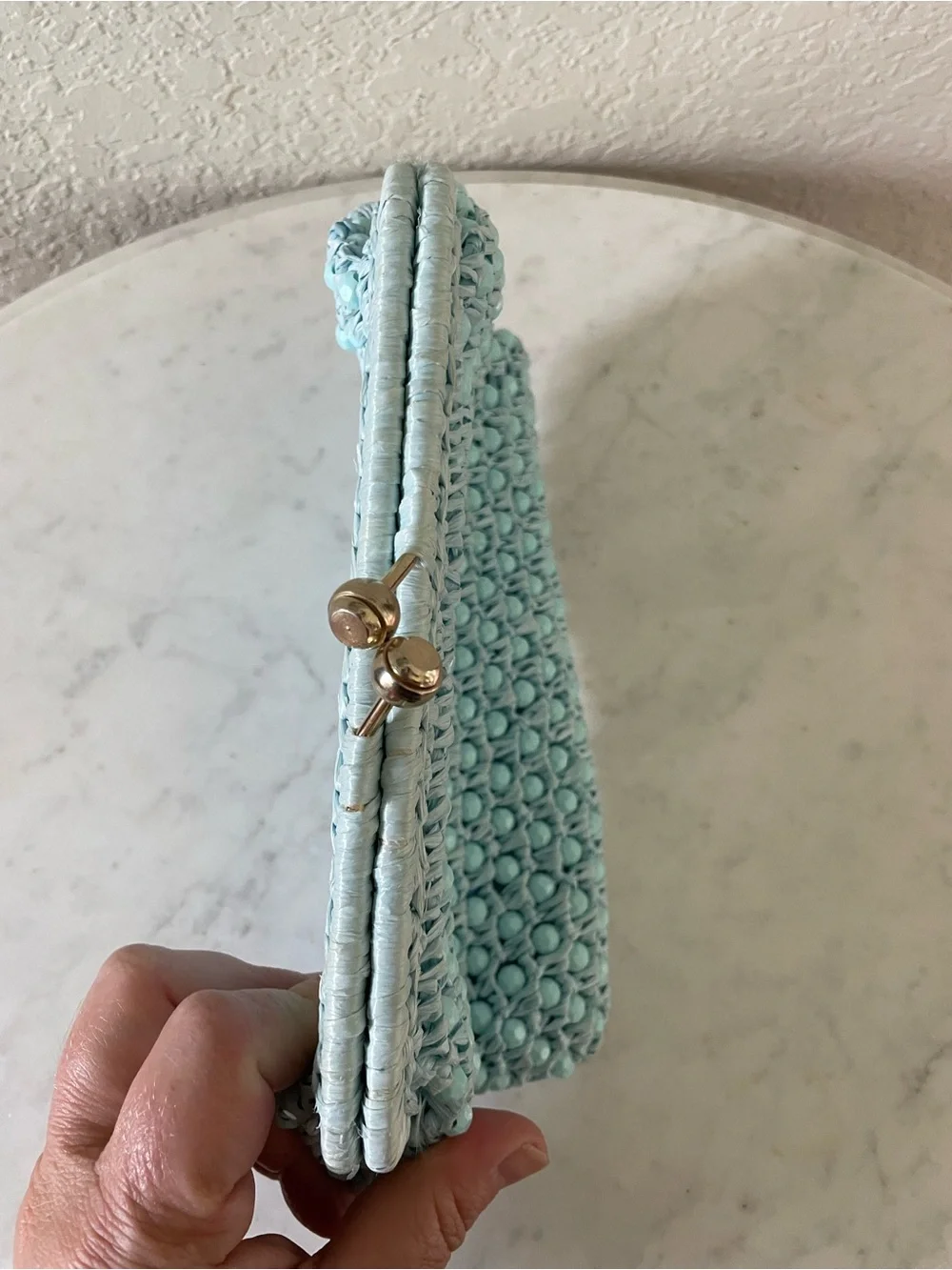 Vintage Made in Italy Seafoam Blue Ribbon Rosette Kiss Lock Clutch Evening Bag